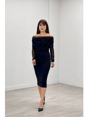 Giyimmasalı Krep Kumaş Inci Bolero Detaylı Kalem Elbise - Siyah