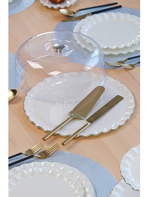 Glore Solid Krem Wavy Platin Yaldızlı Cam Kek Fanusu