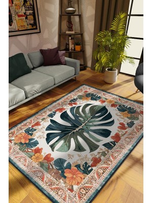 Homshtag Art Deco Deve Tabanı Vintage Halı Görünümlü Dijital Baskı Renkli Halı Rustik Çiçekli Halı