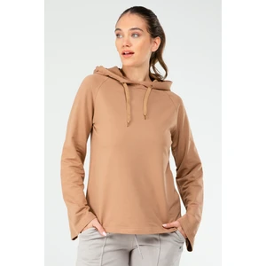 Camel Regular Fit Düz Pamuklu Kapüşonlu Kadın Sweatshirt - SC1176