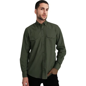 Varettaerkek Haki Yeşil Çift Cepli Likralı Lewis Model Gabardin Kumaş Kot Gömlek