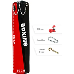 Spor Byfit 100 cm x 30 cm Kırmızı-Siyah Boks Torbası + Boks Eldiveni + Tavan Kancası - 3' Lü Set - Dolu