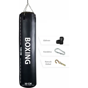 Spor Byfit 100 cm x 30 cm Siyah Boks Torbası + Boks Eldiveni +  Tavan Kancası - 3' Lü Set - Dolu