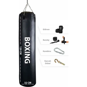 Spor Byfit 120 cm x 35 cm Siyah Boks Torbası + Boks Eldiveni + Boks Bandajı + Askı Aparatı - 4' Lü Set - Dolu