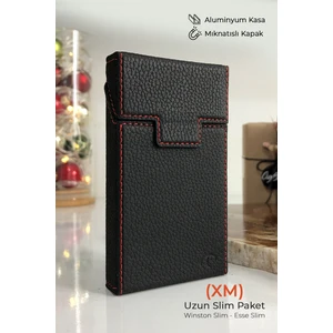 Cig Box cigbox Deri Sigara Çantası - (Xm) Uzun Ince Slim - Aluminyum Kasa- Mıknatıslı - Sigara Tabakası Kutusu,hediyelik