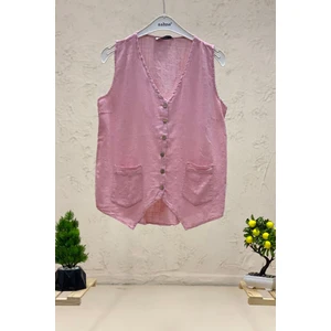 V Yaka Düğmeli Keten Yelek