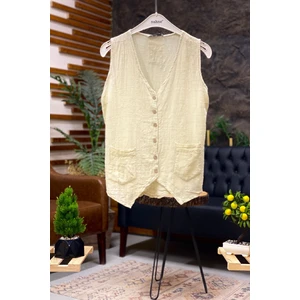 V Yaka Düğmeli Keten Yelek