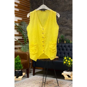 V Yaka Düğmeli Keten Yelek