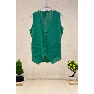 V Yaka Düğmeli Keten Yelek