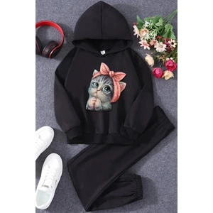 Kedi Baskılı Siyah Sweatshirt Siyah Alt Çocuk Takımı