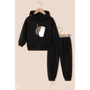 Bardak Baskılı Çocuk Takımı Siyah Sweatshirt Siyah Alt