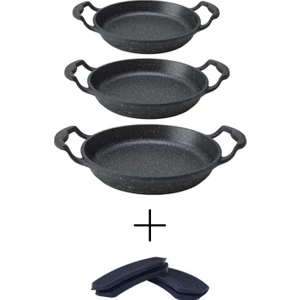 Siyah Granit Döküm Kaplama Alüminyum Döküm Sahan Set 3'lü(18-20-22 Cm) + 1 Çift Tava Kulp Tutacak