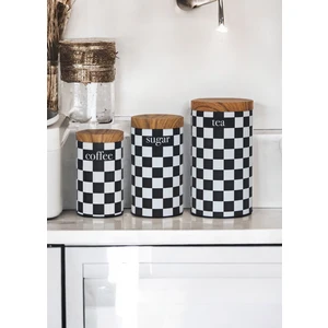 Merisa Home Bambu Kapak Görünümlü Metal Dama Desenli 3'lü Çay Şeker Kahve Saklama Kabı/kavanozu MRS-3037DM