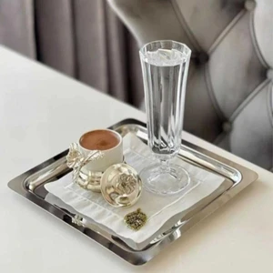 Kare Paslanmaz Çelik  21X21CM Kare Kahve, Söz, Nişan, Servis Sunum Tepsisi