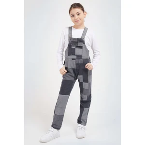 Gri Kare Desenli Kız Çocuk Jean Salopet Tulum 17611