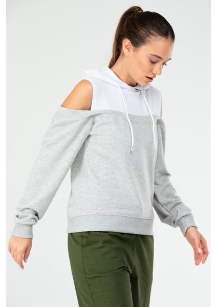 Gri Melanj Regular Fit Düz Pamuklu Kapüşonlu Omuz Detaylı Kadın Sweatshirt - SC1178