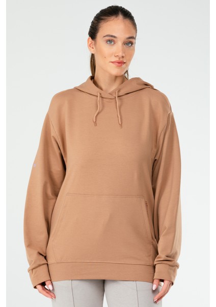 Camel Regular Fit Düz Pamuklu Kapüşonlu Kanguru Cep Kadın Sweatshirt - SC1179