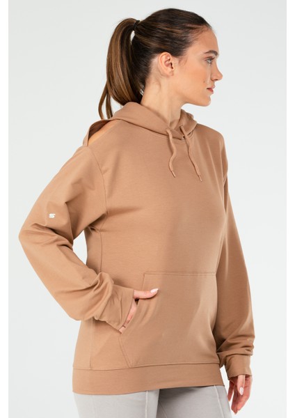 Camel Regular Fit Düz Pamuklu Kapüşonlu Kanguru Cep Kadın Sweatshirt - SC1179