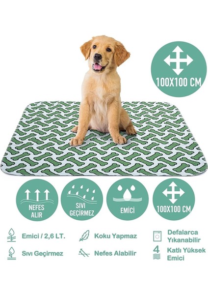 4 Katlı Yıkanabilir Emici Köpek Pedi Kemik Baskılı 100 x 100 cm
