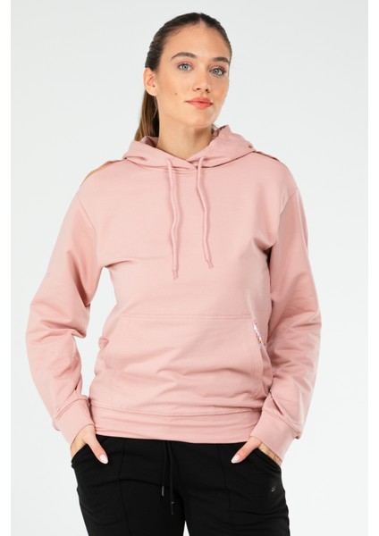 Pudra Regular Fit Düz Pamuklu Kapüşonlu Kanguru Cep Kadın Sweatshirt - SC1179