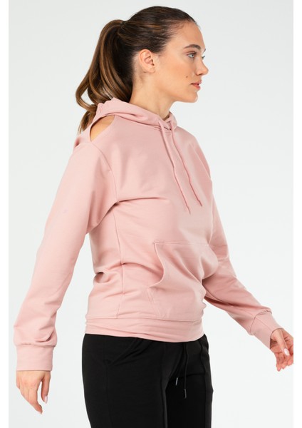 Pudra Regular Fit Düz Pamuklu Kapüşonlu Kanguru Cep Kadın Sweatshirt - SC1179