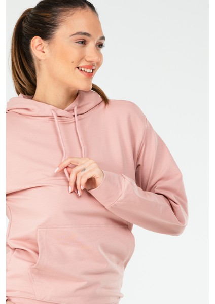 Pudra Regular Fit Düz Pamuklu Kapüşonlu Kanguru Cep Kadın Sweatshirt - SC1179