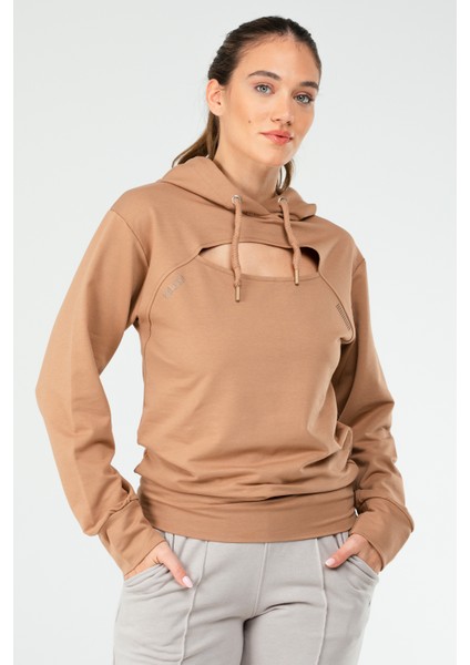 Camel Regular Fit Düz Pamuklu Kapüşonlu Kadın Sweatshirt - SC1177