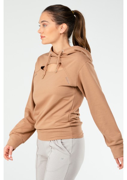 Camel Regular Fit Düz Pamuklu Kapüşonlu Kadın Sweatshirt - SC1177