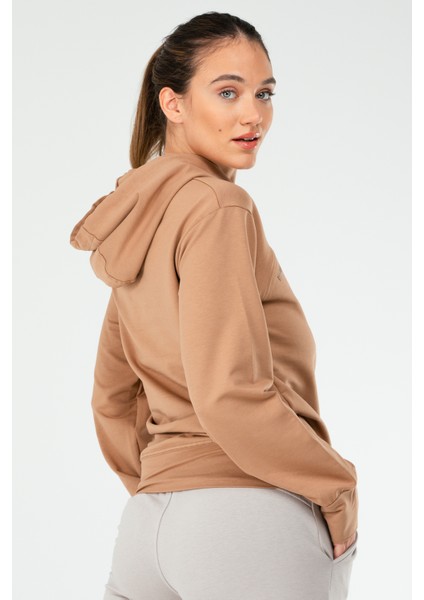 Camel Regular Fit Düz Pamuklu Kapüşonlu Kadın Sweatshirt - SC1177