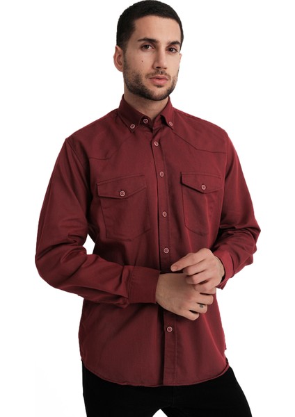 Varettaerkek Koyu Kırmızı Çift Cepli Likralı Lewis Model Gabardin Kumaş Kot Gömlek