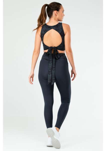 Füme Slim Fit Desenli Micro Açık Yaka Yüksek Bel Toparlayıcı Kadın Tayt Takım - SB0848