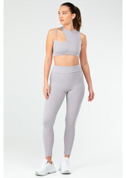 Gri Slim Fit Düz O Yaka Yüksek Bel Askı Detaylı Toparlayıcı Kadın Tayt Takım - SB0849
