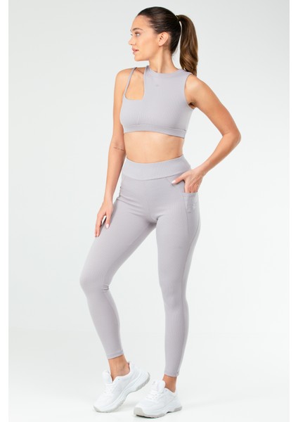 Gri Slim Fit Düz O Yaka Yüksek Bel Askı Detaylı Toparlayıcı Kadın Tayt Takım - SB0849