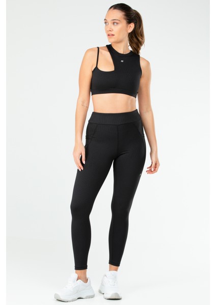 Siyah Slim Fit Düz O Yaka Yüksek Bel Askı Detaylı Toparlayıcı Kadın Tayt Takım - SB0849