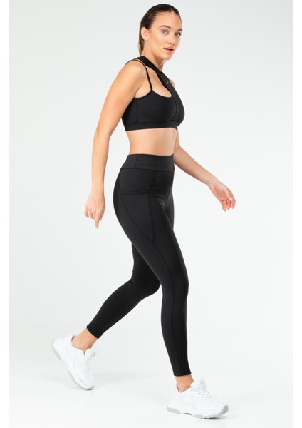 Siyah Slim Fit Düz O Yaka Yüksek Bel Askı Detaylı Toparlayıcı Kadın Tayt Takım - SB0849 fiyatları
