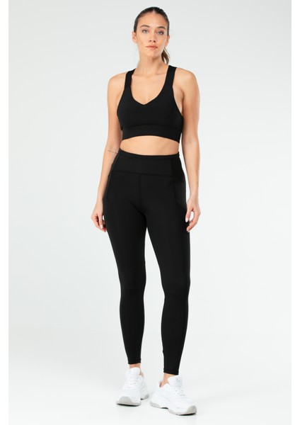 Siyah Slim Fit Düz Micro Açık Yaka Yüksek Bel Toparlayıcı Kadın Tayt Takım - SB0851