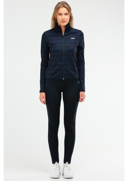 Lacivert Slim Fit Baskılı Dalgıç Kumaş Dik Yaka Fermuarlı Kadın Tayt Takım - SA-2296-1