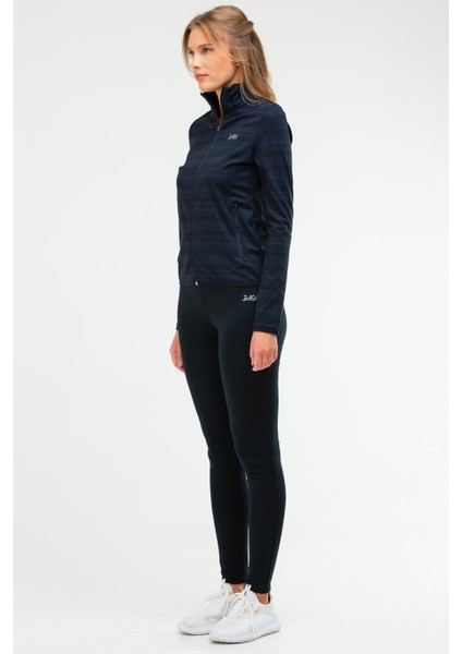 Lacivert Slim Fit Baskılı Dalgıç Kumaş Dik Yaka Fermuarlı Kadın Tayt Takım - SA-2296-1