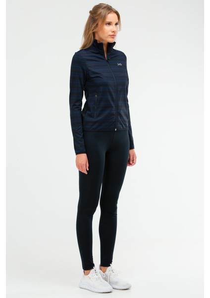 Lacivert Slim Fit Baskılı Dalgıç Kumaş Dik Yaka Fermuarlı Kadın Tayt Takım - SA-2296-1