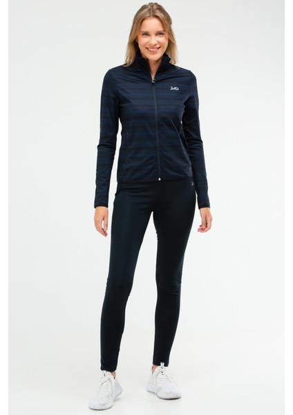 Lacivert Slim Fit Baskılı Dalgıç Kumaş Dik Yaka Fermuarlı Kadın Tayt Takım - SA-2296-1