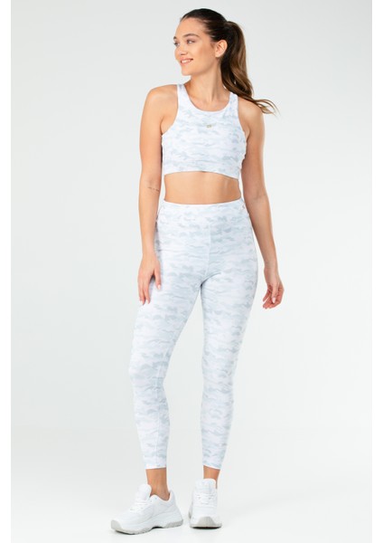 Beyaz Slim Fit Desenli Micro Açık Yaka Yüksek Bel Toparlayıcı Kadın Tayt Takım - SB0846