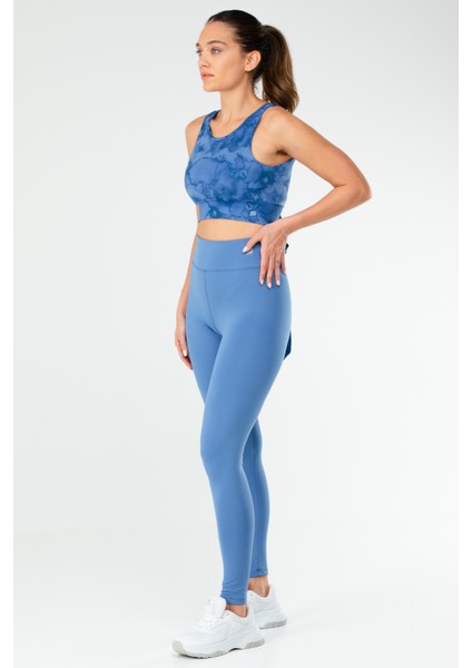 Koyu Mavi Slim Fit Desenli Micro Açık Yaka Yüksek Bel Toparlayıcı Kadın Tayt Takım - SB0848 fiyatları