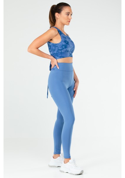 Koyu Mavi Slim Fit Desenli Micro Açık Yaka Yüksek Bel Toparlayıcı Kadın Tayt Takım - SB0848 modelleri