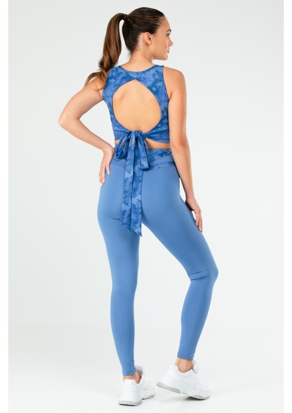 Koyu Mavi Slim Fit Desenli Micro Açık Yaka Yüksek Bel Toparlayıcı Kadın Tayt Takım - SB0848 fırsatları