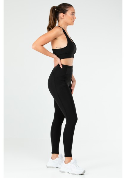 Siyah Slim Fit Düz Micro Açık Yaka Yüksek Bel Toparlayıcı Kadın Tayt Takım - SB0851 modelleri