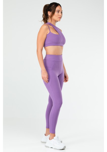 Mor Slim Fit Düz O Yaka Yüksek Bel Askı Detaylı Toparlayıcı Kadın Tayt Takım - SB0849