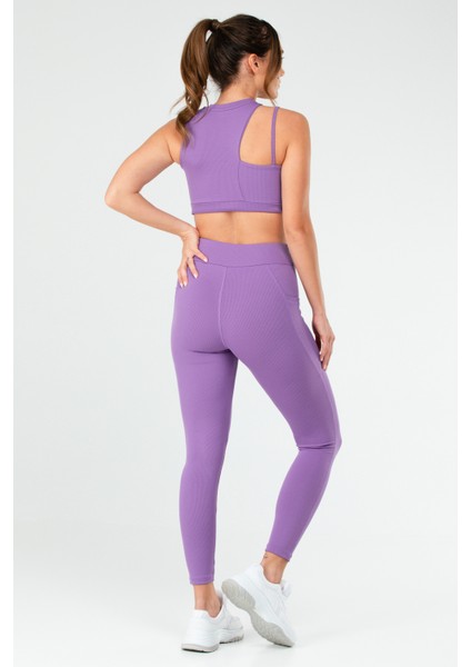 Mor Slim Fit Düz O Yaka Yüksek Bel Askı Detaylı Toparlayıcı Kadın Tayt Takım - SB0849