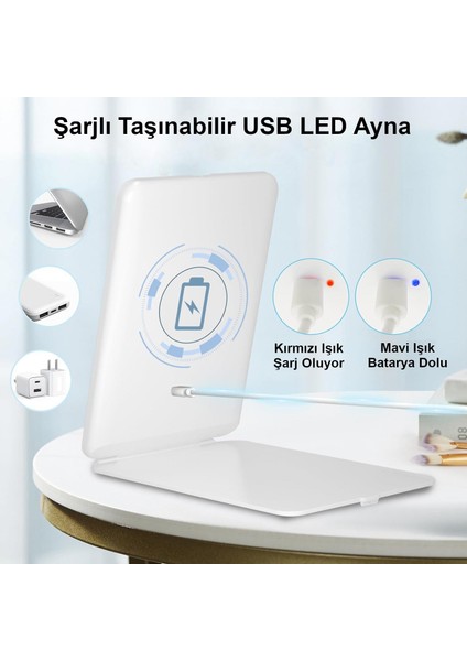 Katlanabilir LED Işıklı Makyaj Aynası - 3 Farklı Renk Tonu 1x 10X Yakınlaştırma Dokunmatik Touch Ekran Beyaz