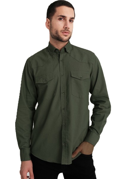 Varettaerkek Haki Yeşil Çift Cepli Likralı Lewis Model Gabardin Kumaş Kot Gömlek