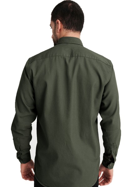 Varettaerkek Haki Yeşil Çift Cepli Likralı Lewis Model Gabardin Kumaş Kot Gömlek fiyatları